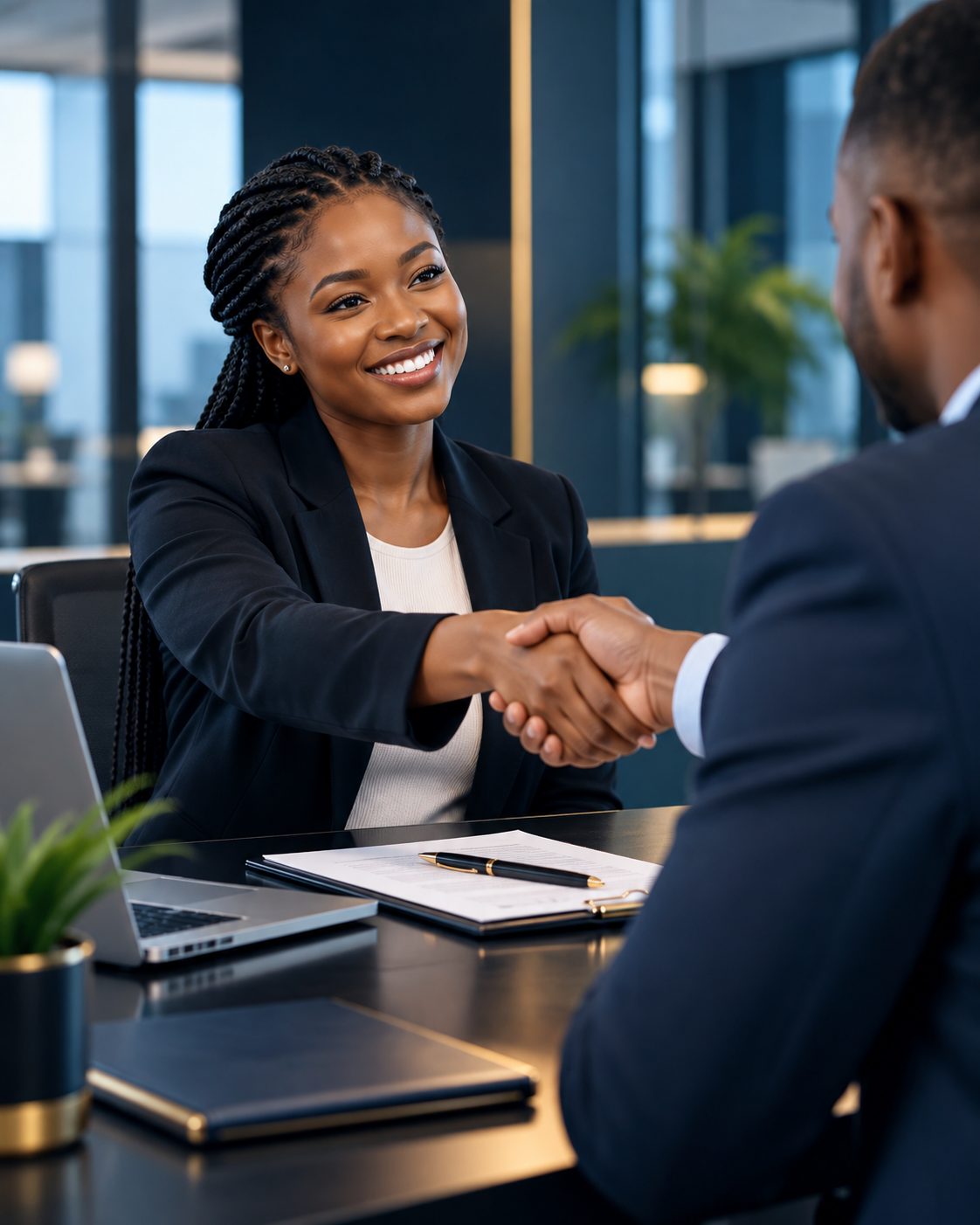 Professional loan consultation meeting showing a client and consultant shaking hands in a modern office